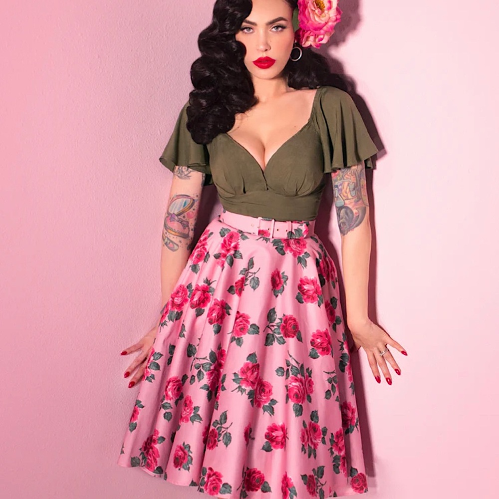 Circle Skirt in Pink Vintage Roses - Vixen by Micheline Pitt
